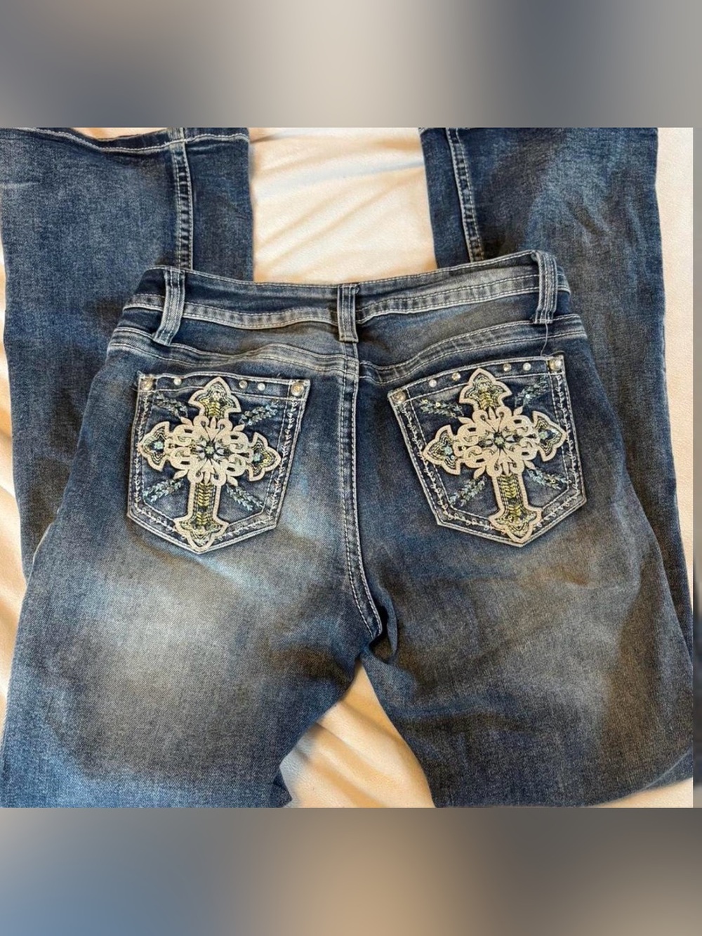 Embellished Cross Pocket Blue Jeans